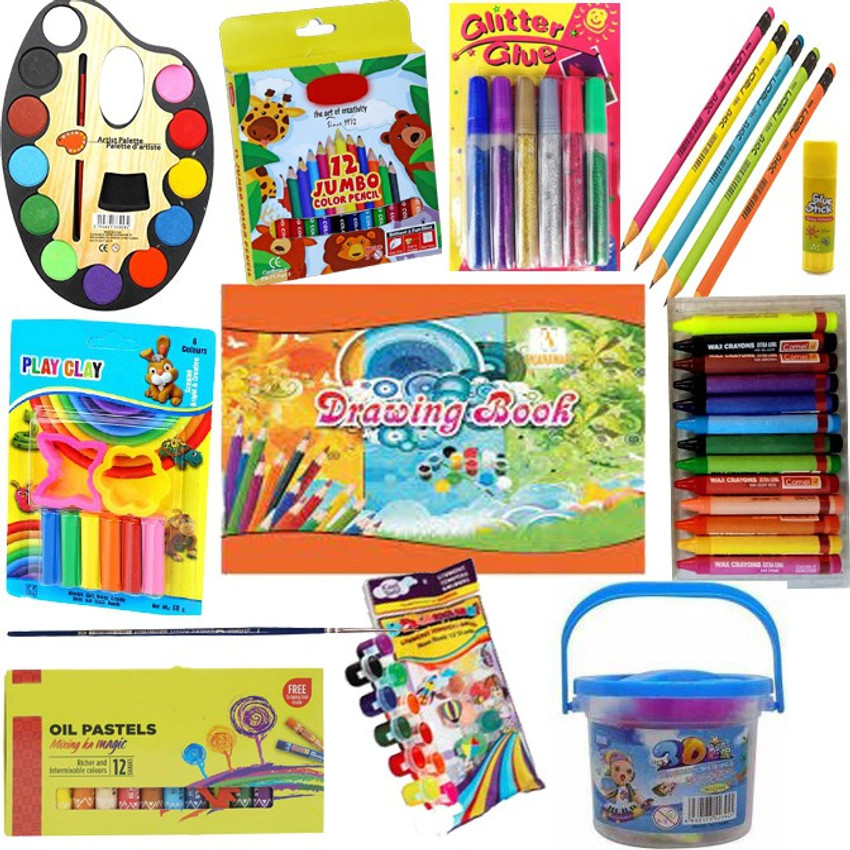  anjanaware Colour Fun Combo Kit, Assorted Items, Gifting  Kit, Drawing Book, Wax Crayons, Pencil, Eraser, Sharpner, Tempera  Colors