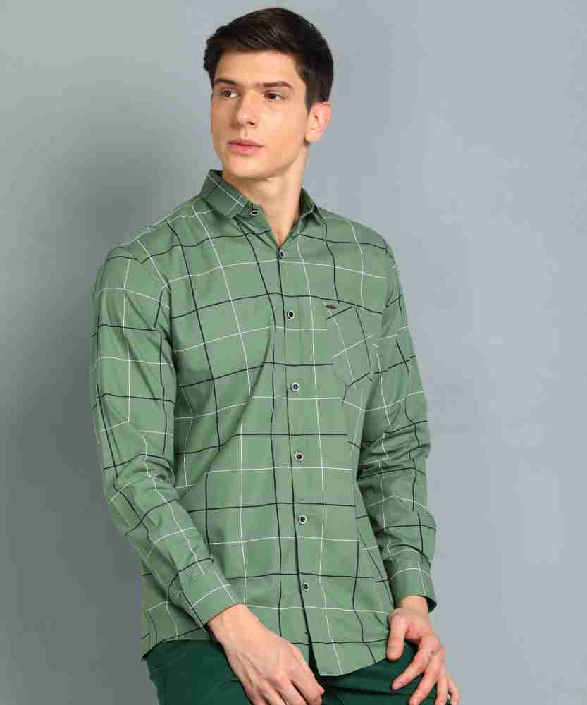 men's casual green check shirt