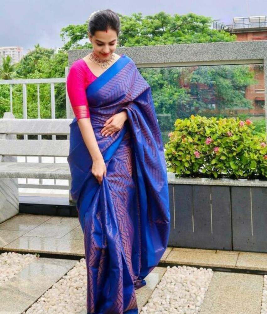 Buy fospy Woven Banarasi Silk Blend, Pure Silk Dark Blue Sarees Online @  Best Price In India
