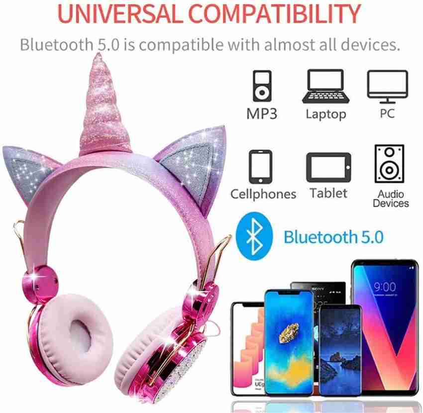 Crysendo Wireless Bluetooth Unicorn Headphones for Girls On Ear Unicorn Earphones for Girls with Mic 3.5mm Audio Port Includes Extra Headphone Cushion Wireless Wired Unicorn Over The Ear