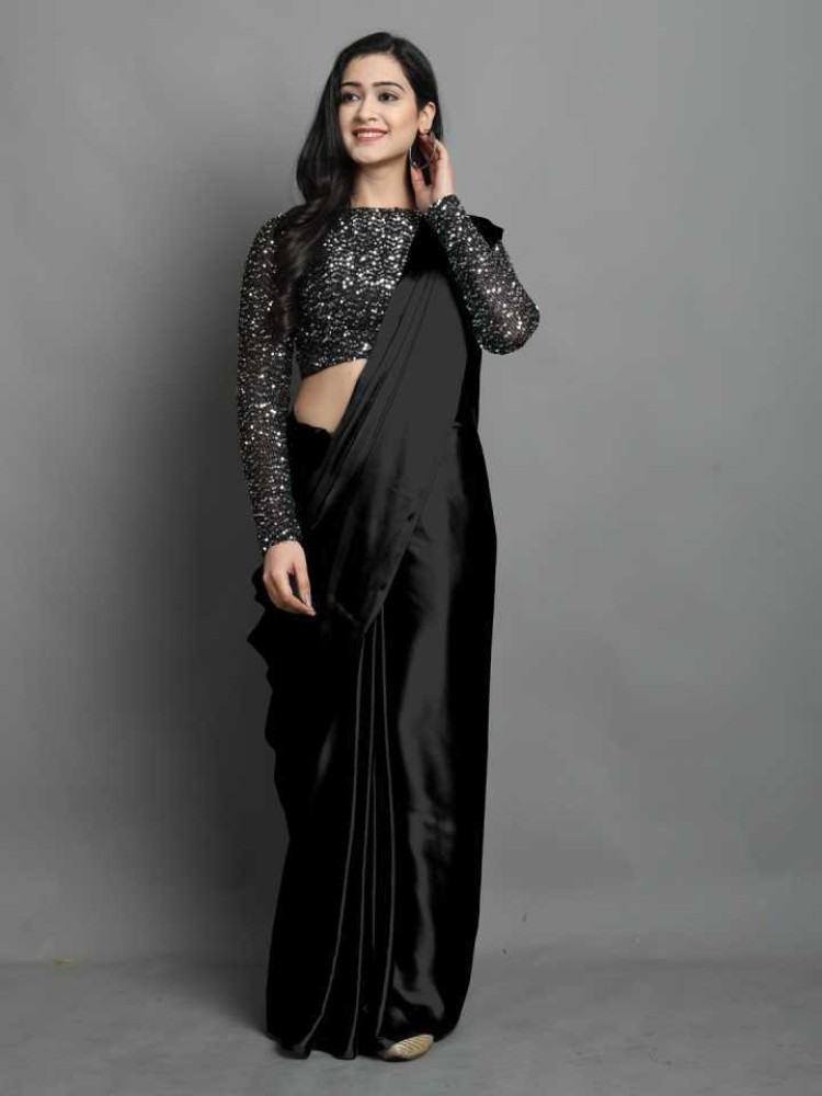 ShreeJi ETP Belt Style Satin Silk Black Saree With Blouse