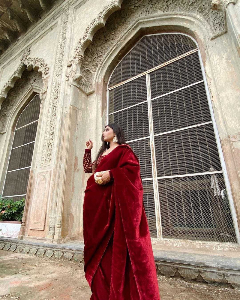 Buy PMD Fashion Solid Plain Bollywood Velvet Red Sarees Online