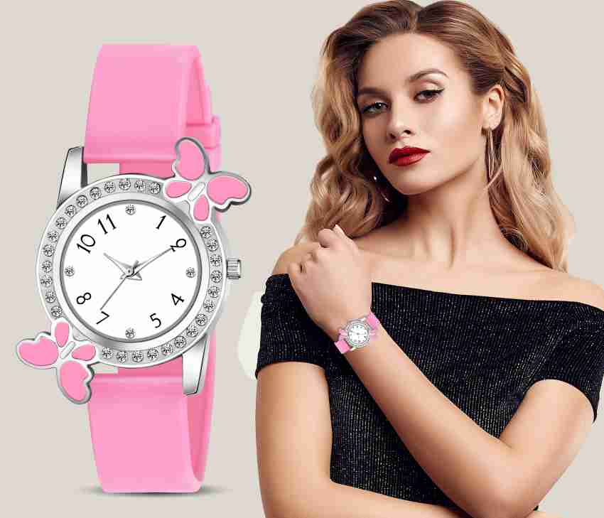 HINISH Baby Pink Butterfly Diamond Bracelet Analog Watch For Women