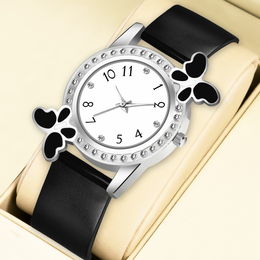 HINIVA WATCHES Black Butterfly Diamond Dial And Plastic Belt Watch