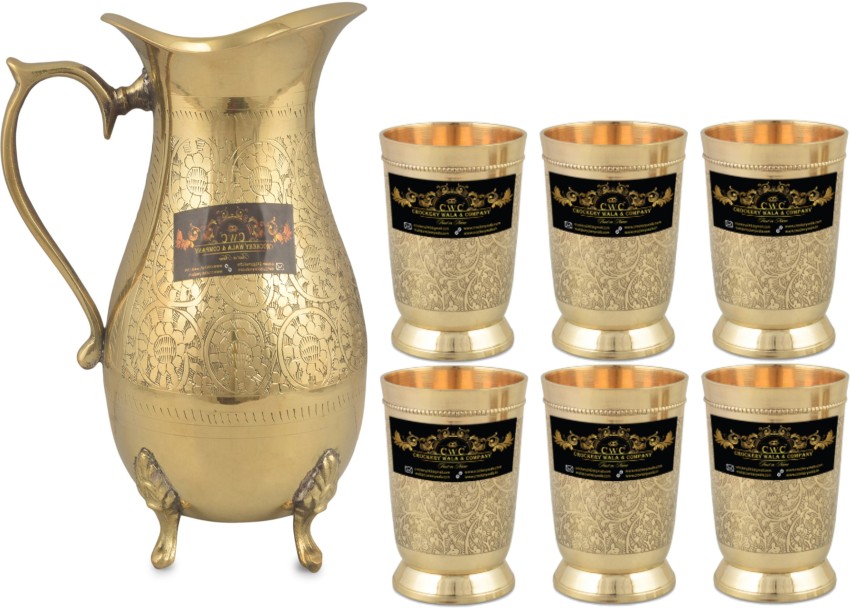 Luminous creations Pack of 8 Brass Brass Gold & Silver Tea Set of 6 Cups 1  Tray 1 teapot with Velvet Box