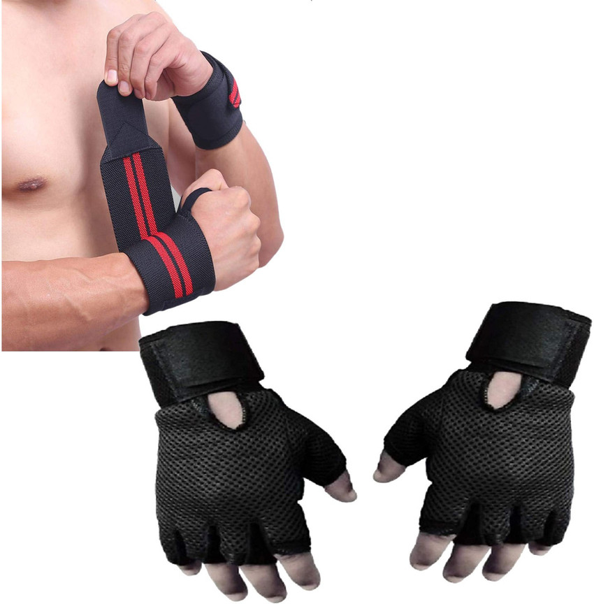 GymWar Combo of Fitness Wrist Gym Gloves Wrist Support Red