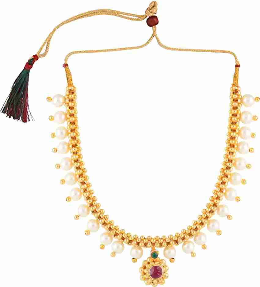 Lila Maharashtrian Traditional Wedding Kolhapuri Thushi Choker Necklace Set Jewellery Gold plated Plated Brass Copper Dori Alloy Necklace Price in India Buy Lila Maharashtrian Traditional Wedding Kolh...