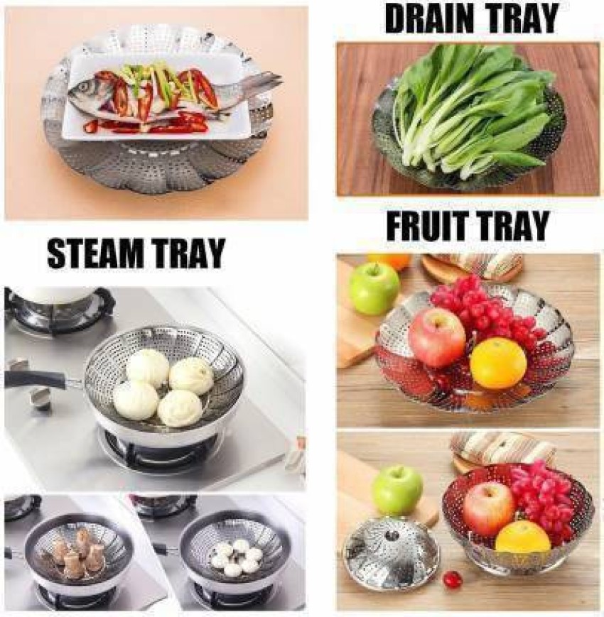 Stainless Steel Steamer Basket Metal Steamer Insert Steaming Rack Vegetables Fruit Colander Strainer with Handle, Silver