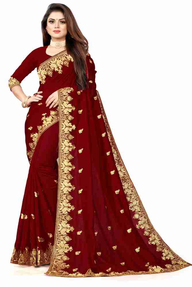 Embroidered Maroon Designer Net Saree, With blouse piece at Rs 1550 in Delhi