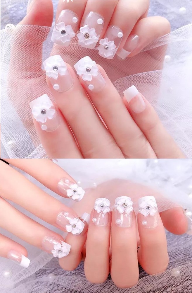 Artquee 24pcs Light Nude Pink Clear Press on Nails Long Ballerina Glossy Fake  Nail Art Luxury 3D Flower With Rhinestones Coffin False Tips Artificial  Manicure Stick for Women and Girls Decoration Light