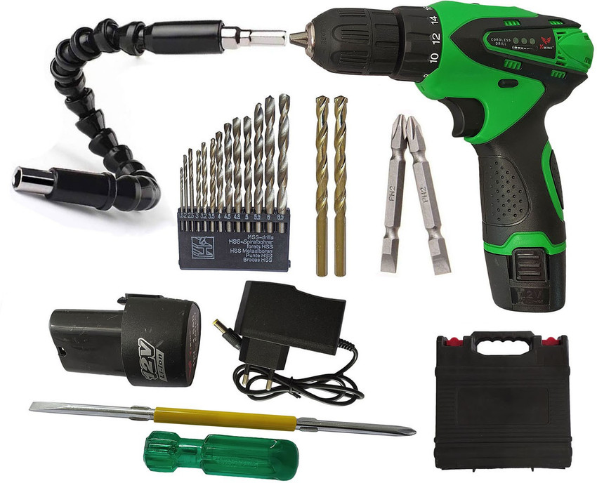 DUMDAAR bit 1pc 2in1 Screwdriver 2pc Ph2 bit 13pc HSS 2pc Masonry Pack of 6 10mm Cordless Screw Driver Drill Machine With 2pc Battery 1pc 290mm