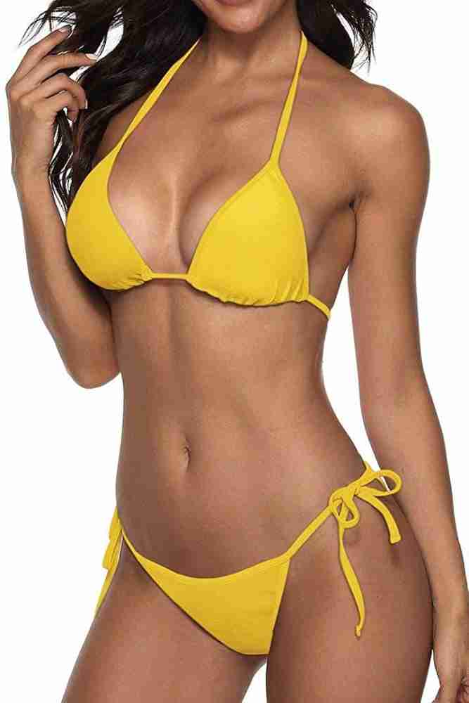 Women's Printed Split Swimsuit Straps Bikini Steel Plate Gathered Sexy  Underwear Big Cup Bikini Skin-Friendly Belt Chest Pad,Yellow,XXL