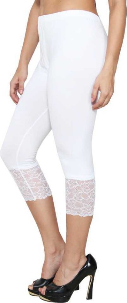 Befli Combo Pack of 2 Skinny Fit 3/4 Lace Capri's Leggings for Women  XXX-Large White Baby Pink