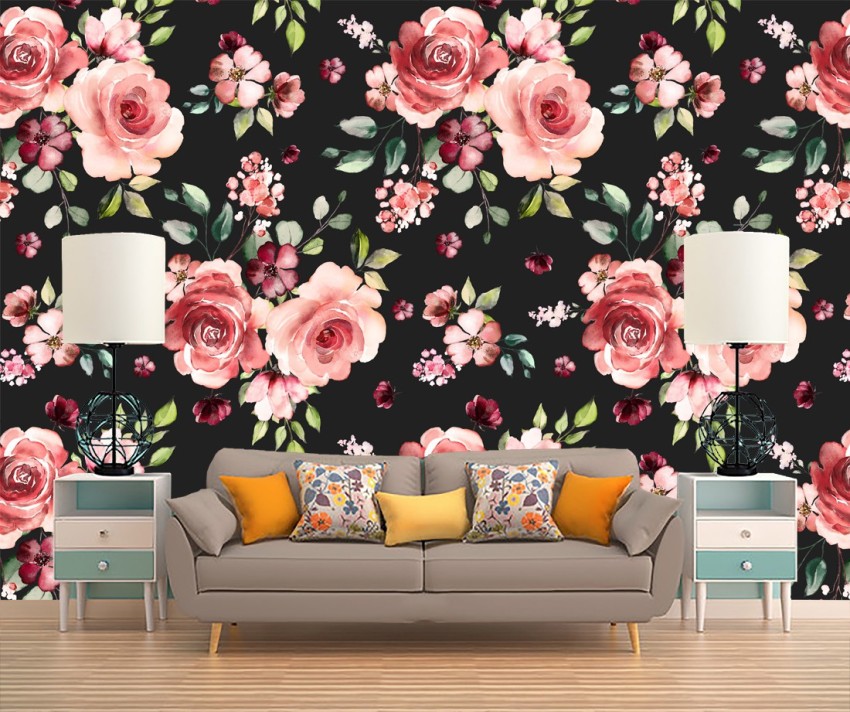 Floral vector pink black wallpaper Seamless vector dark floral pattern  with pink and white retro roses on black background  CanStock
