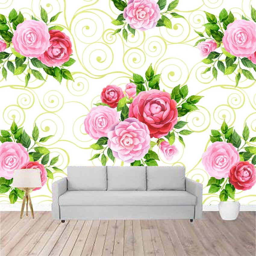 Pink flowers on ornate green background Royalty Free Vector
