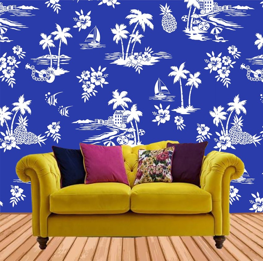 Serene Tropical Escape Tropical Palms Blue  White Wallpaper  Paper Plane  Design