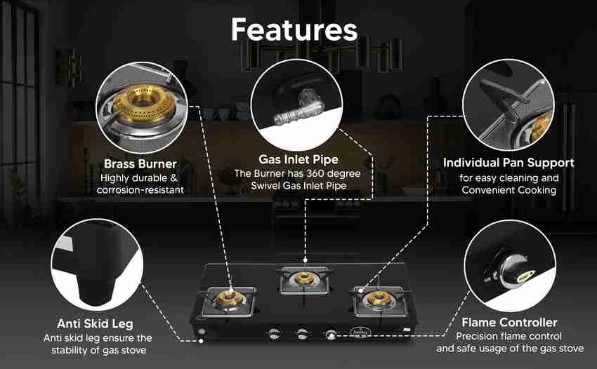 Butterfly Trio Burner Glass Manual Gas Stove (TRIO 3B GLASS, 46 OFF