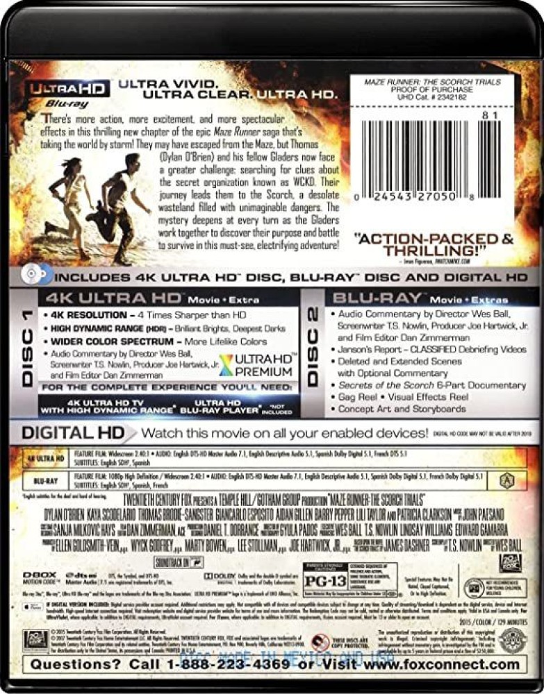 Maze Runner: The Scorch Trials 4K Blu-ray - 4K Ultra HD + Blu-ray 20th  Century Fox, 2015, 131 min, Rated PG-13
