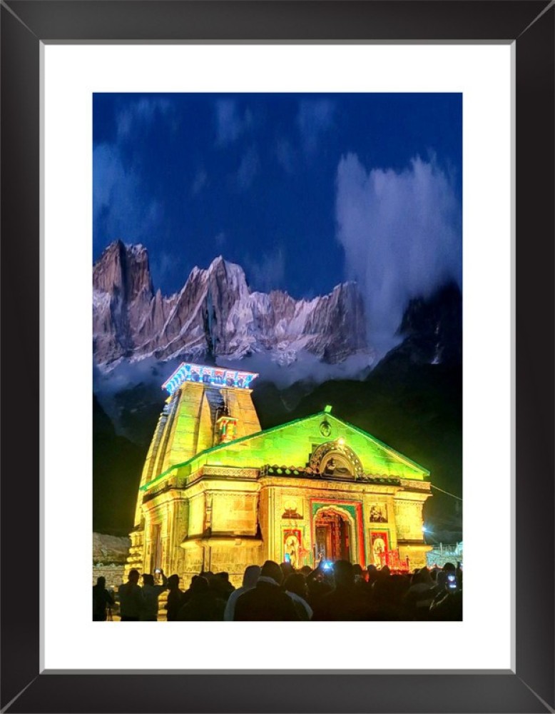 Synthetic Wood Framed Kedarnath Temple Wall Poster With Framed