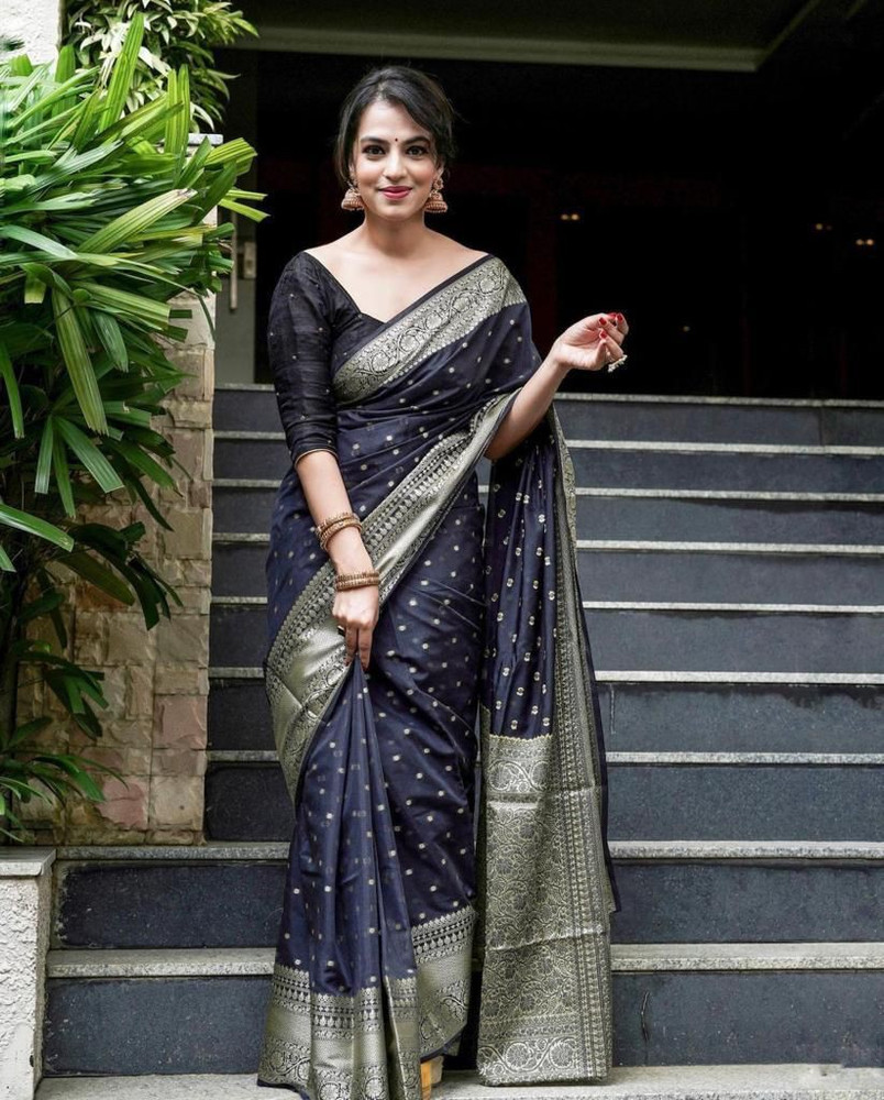 Buy SHOPDROP Woven Kanjivaram Pure Silk Black Sarees Online Best Price In India Flipkart