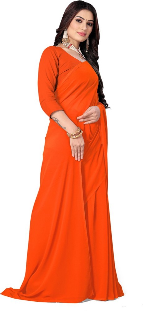 Florely Women's Georgette Simple Plain saree women With Blouse(Orange) :  : Fashion