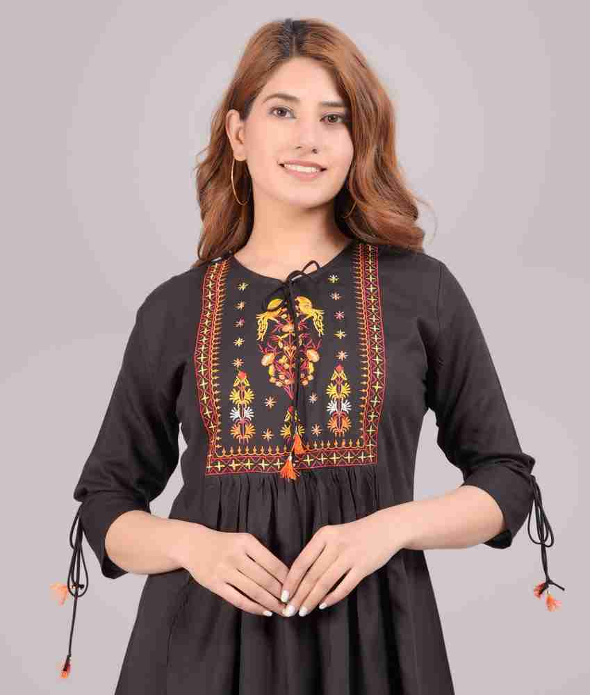TUHINZIFAB Casual Embroidered Women Black Top - Buy TUHINZIFAB ...