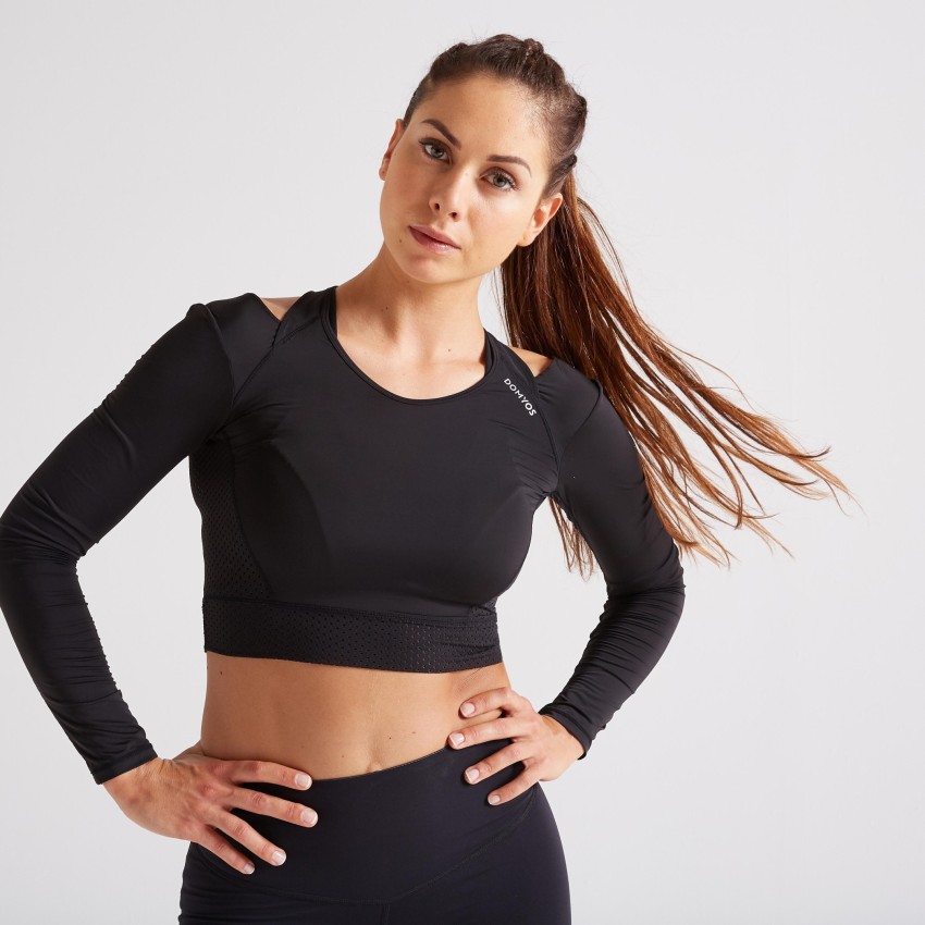 CLASSIC PADDED RUNNING CROP TOP - BLACK - Decathlon