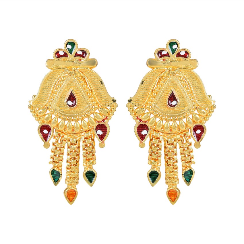 Indian traditional design handmade kundan work fabulous design 22 k 22  carat yellow gold stud earring with hanging pearl girls jewelry er168   TRIBAL ORNAMENTS