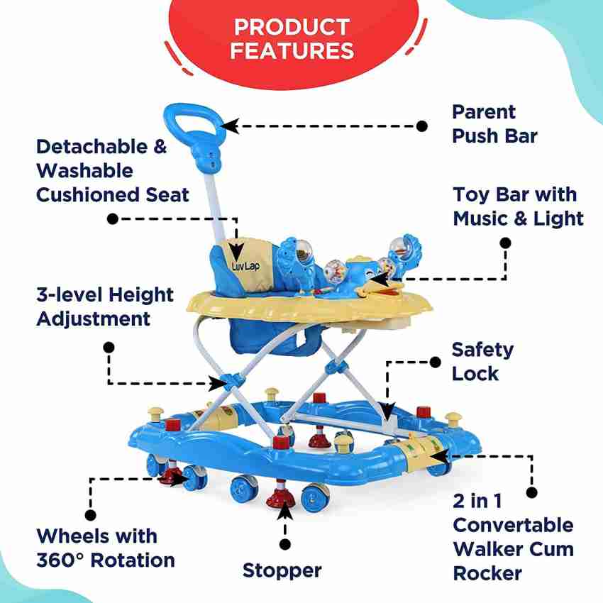 LuvLap Comfy Baby Walker & Rocker with Parental Push Handle, Anti Fall,  anti Skid mechanism, Height Adjustable with Light, Rattle & Musical Toys,  Cushioned Walker for baby 6-18months (Blue) – Luvlap Store