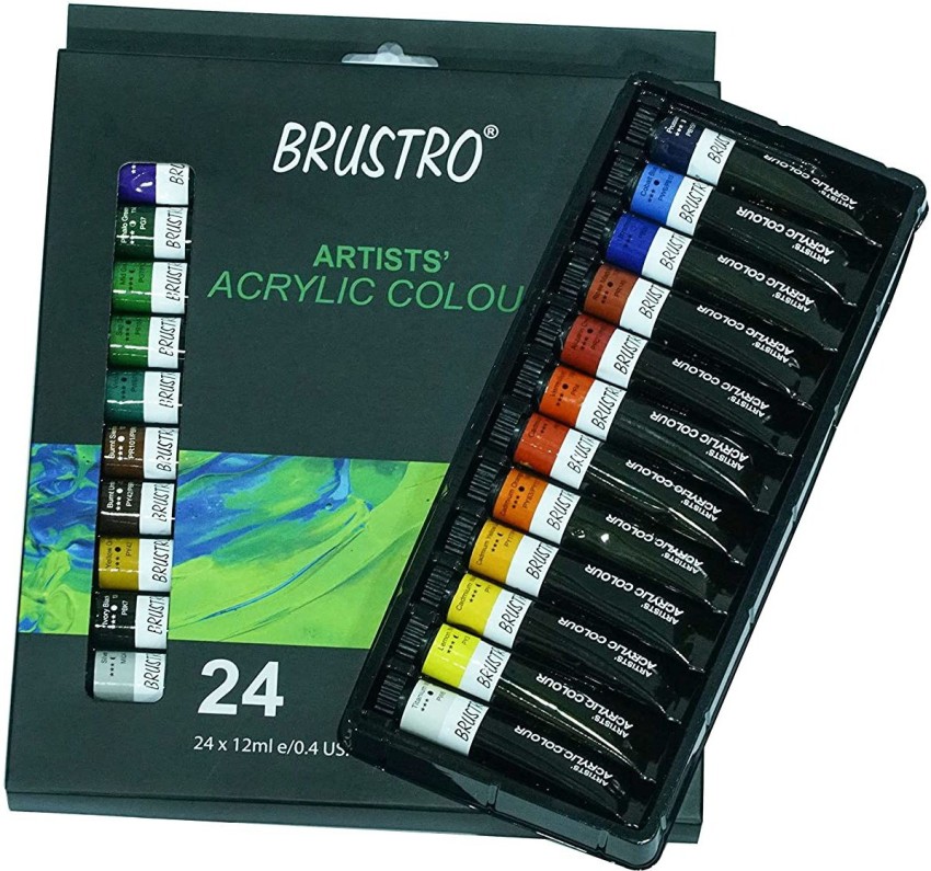 BRUSTRO Acrylic Paint Set of 24, Multicolour 12ml Tubes with Gold Taklon  Brush Set of 10