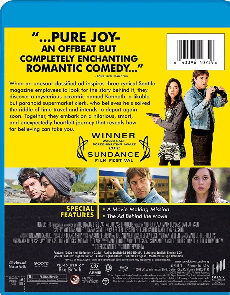 Safety Not Guaranteed Blu ray Sony Pictures 2012 86 min