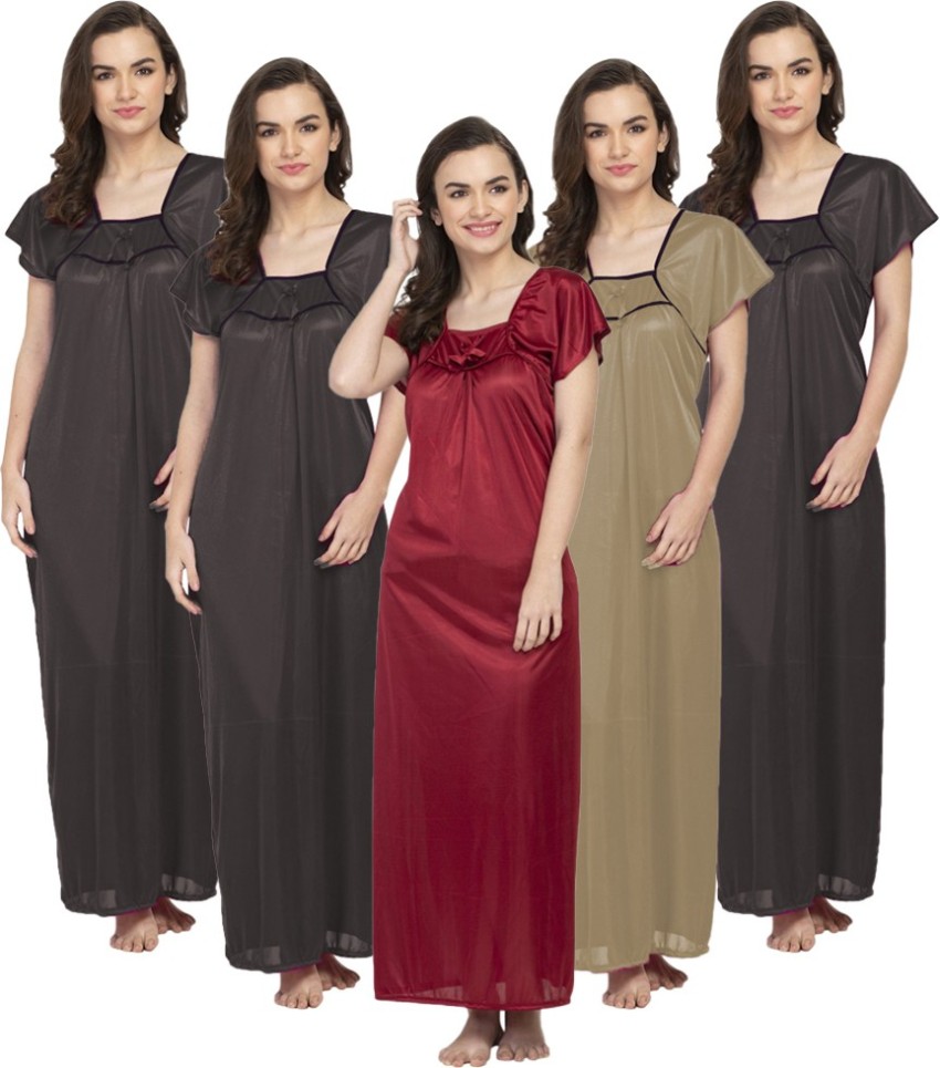 Full Length Satin Ladies Black Long Night Gown Set, Free Size at