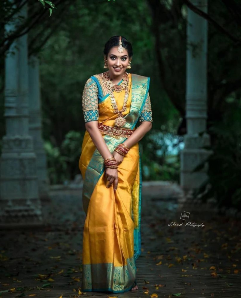 Traditional Look Turquoise Color Art Silk Base Wedding Wear Saree With  Contrast Blouse