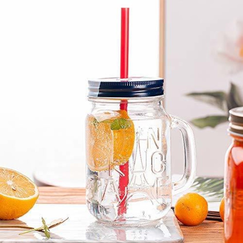 Pack of 4 450ML Glass Transparent Fruit Juice Mason Jar with Lid & Straw