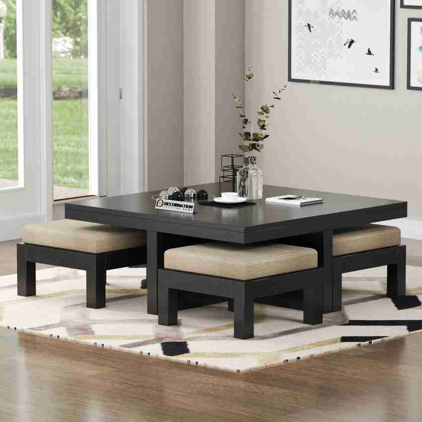 DecorNation Lanthe Solid Wood Coffee Table with 4 Stools Brown