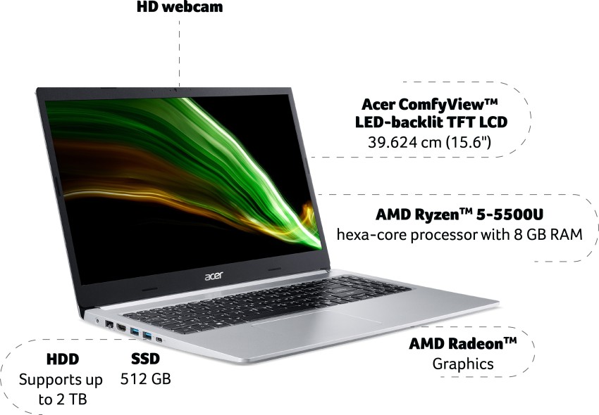Acer Aspire 5 A515-45-R74Z Slim Laptop | 15.6 Full HD IPS | AMD Ryzen 5  5500U Hexa-Core Mobile Processor | AMD Radeon Graphics | 8GB DDR4 | 256GB