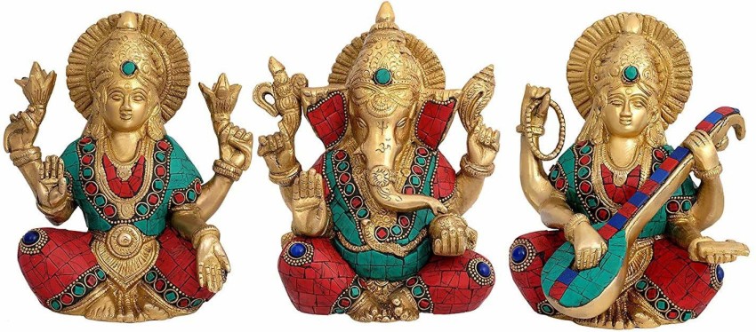 Brass statue villa Brass Lakshmi, Ganesh, Saraswati Idol 7 x 6