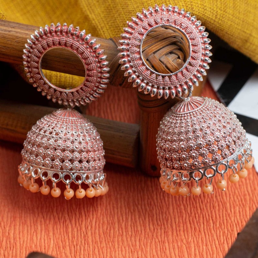 GoldPlated Stone Studded Drop Earrings with Pearl Drop in Peach Color   Priyaasi