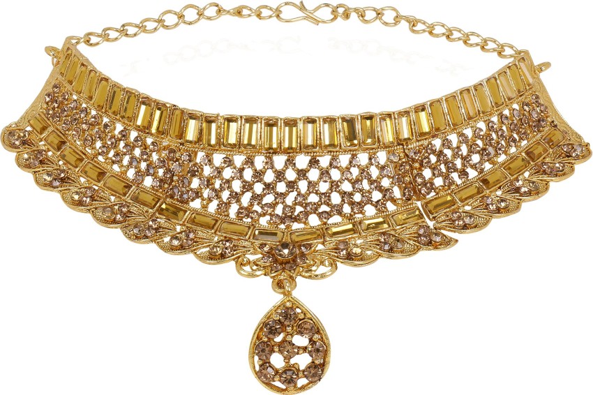 VAMA Cloth Collar Neck Golden Choker Necklace Crystal Stone