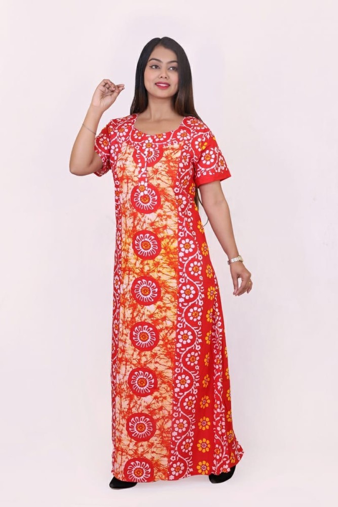 Buy Red 100% Cotton Batik Printed Nighty for Women Online at