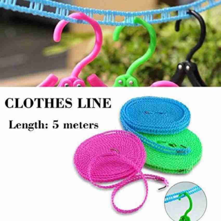 Outdoor Portable Clothes Line Stretch Windproof Camping Flexible Laundry  Rope 12 Clips Metal Hooks