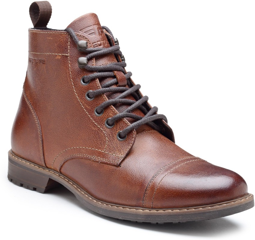 red tape brown leather boots