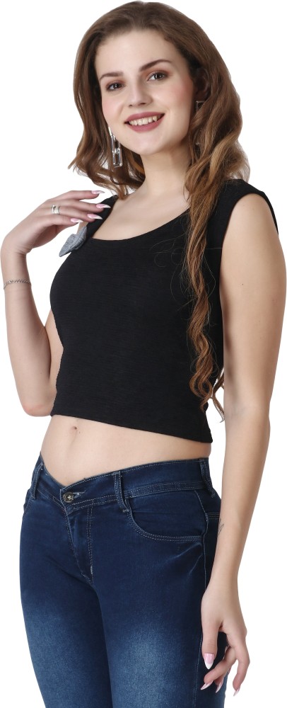 Buy Popwings Casual Sleeveless Black Crop Top for Women ! Black
