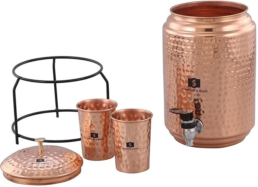 Copper Portal 5 Litre Hammered Copper Water Dispenser Container Pot With 2  Glass 300ml and Stand 5000 Ml Bottle 700 ML 