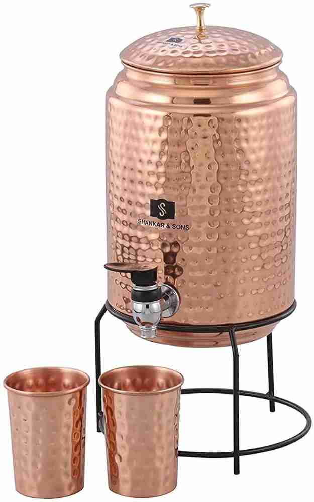 Copper Portal 5 Litre Hammered Copper Water Dispenser Container Pot With 2  Glass 300ml and Stand 5000 Ml Bottle 700 ML 