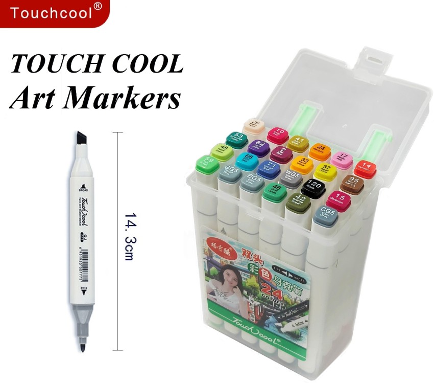 TouchCool Touch Cool White Body Dual Tip Art Marker  Highlighter Pen Set- Fine and Chisel Tips, 24 Colors Artist Highlighter  Markers Ideal for Manga and Impressions for Students, Artists, Cartoonists 