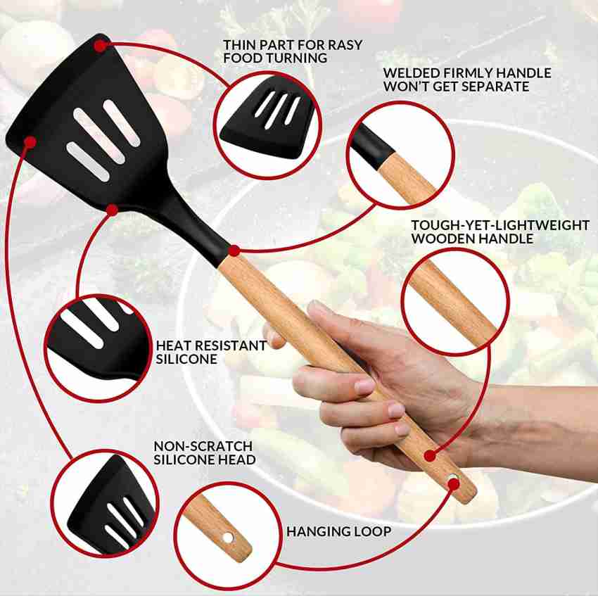 14 Pcs Silicone Cooking Kitchen Utensils Set with Holder, Wooden Handles  Non Toxic Silicone Turner Tongs Spatula Spoon Kitchen Gadgets Utensil Set  for Nonstick Cookware (Red)