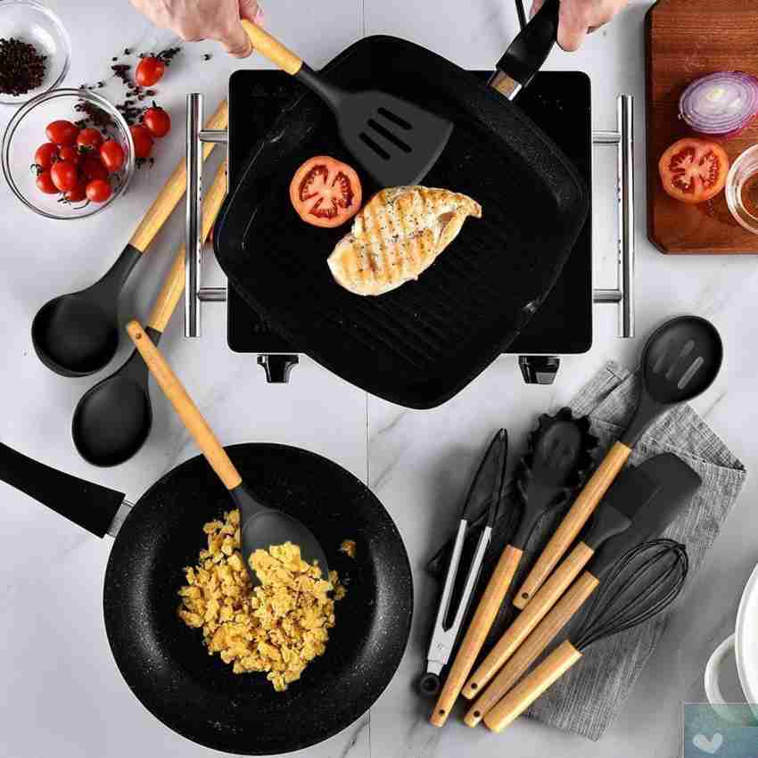 14 Pcs Silicone Cooking Utensils Kitchen Utensil Set - 446F Heat  Resistant,Turner Tongs,Spatula,Spoon,Brush,Whisk. Wooden Handles Gray  Kitchen Gadgets Tools Set for Nonstick Cookware (BPA Free) 