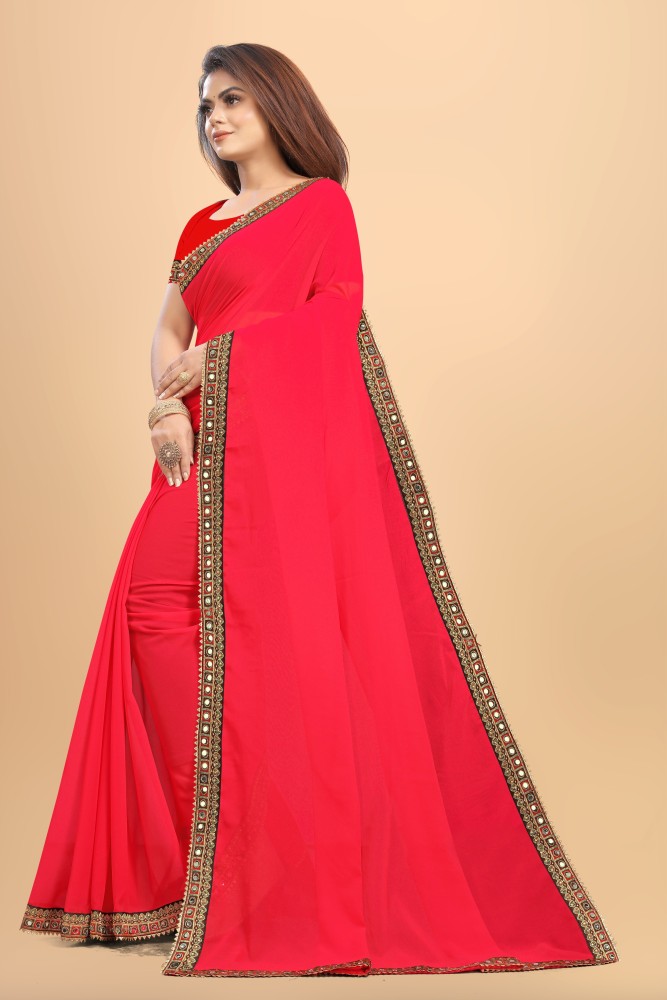 Buy Sareez House Solid/Plain Daily Wear Georgette Red Sarees