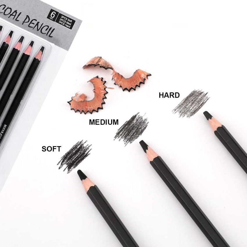 DEZIINE 6pcs Artist Charcoal Pencils Drawing Set Soft Medium  and Hard Charcoal Pencils Pencil 